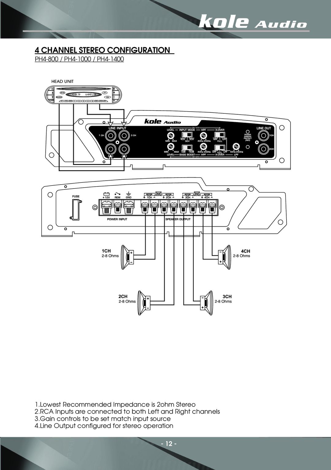 Kole Audio electronic PH1-2000D, PH2-2400, PH2-2000, PH2-1000, PH2-1500 manual PH4-800 / PH4-1000 / PH4-1400 