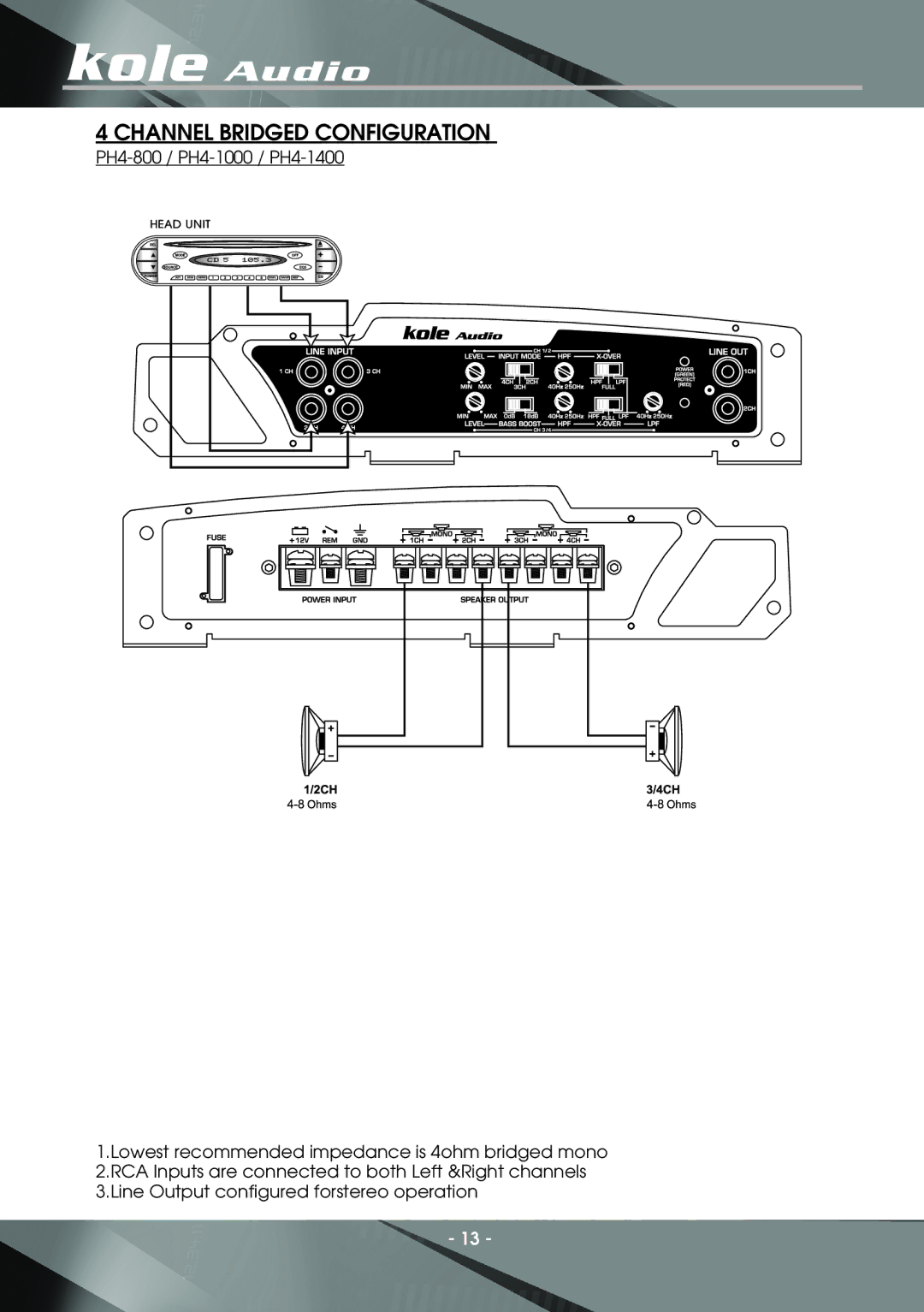 Kole Audio electronic PH2-1500, PH4-800, PH4-1000, PH2-2400, PH2-2000, PH2-1000, PH4-1400 manual Channel Bridged Configuration 