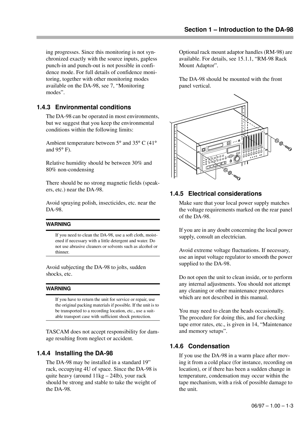 Kolpak manual Environmental conditions, Installing the DA-98, Electrical considerations, Condensation 