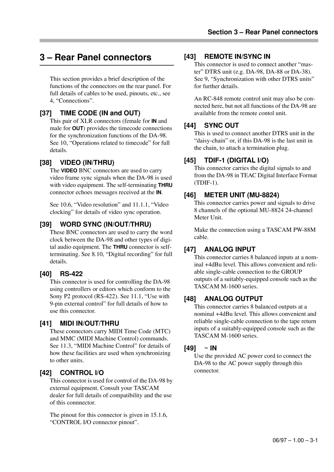 Kolpak DA-98 manual Rear Panel connectors, Time Code in and OUT, 40 RS-422, Meter Unit MU-8824, 49 ~ 