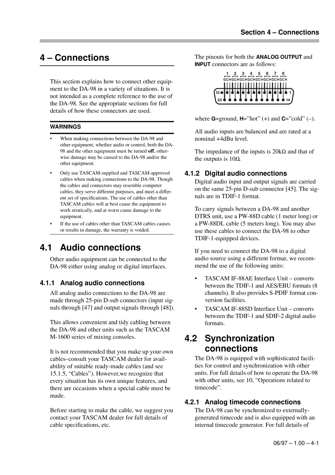 Kolpak DA-98 manual Connections, Audio connections, Synchronization connections 