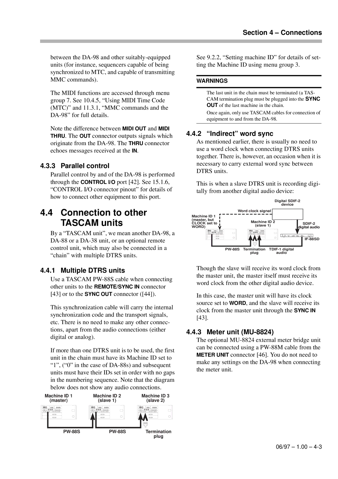 Kolpak DA-98 manual Connection to other Tascam units, Parallel control, Multiple Dtrs units, Indirect word sync 