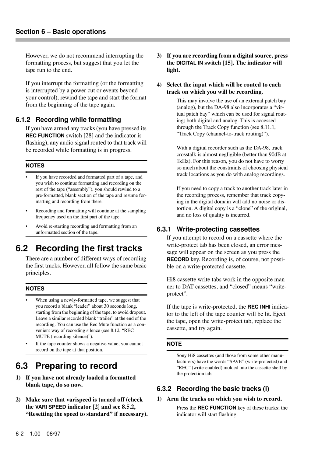 Kolpak DA-98 manual Recording the first tracks, Preparing to record, Recording while formatting, Write-protecting cassettes 