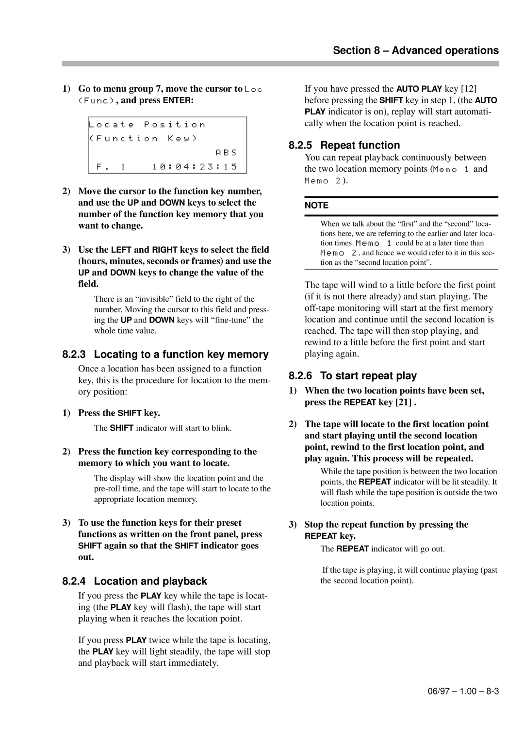 Kolpak DA-98 manual Locating to a function key memory, Repeat function, To start repeat play, Location and playback 