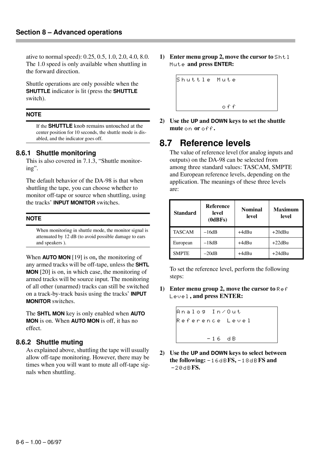 Kolpak DA-98 manual Reference levels, Shuttle muting, LevelEnter m nu, Use the UP and Down keys to select between 