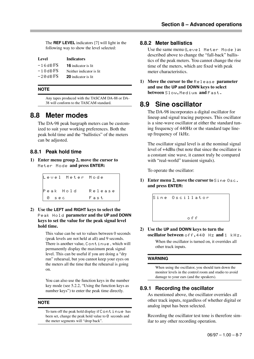 Kolpak DA-98 manual Meter modes, Sine oscillator, Advanc d operations Meter ballistics, Recording the oscillator 
