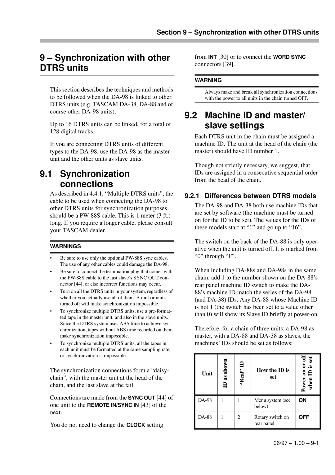 Kolpak DA-98 Synchronization with other Dtrs units, Machine ID and master/ slave settings, Differences between Dtrs models 