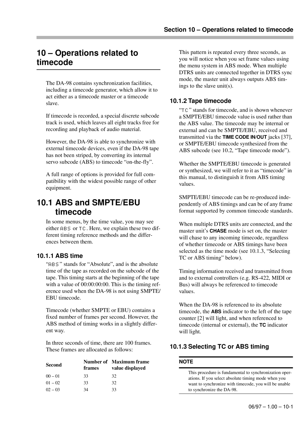 Kolpak DA-98 manual Operations related to timecode, ABS and SMPTE/EBU timecode, ABS time, Tape timecode 