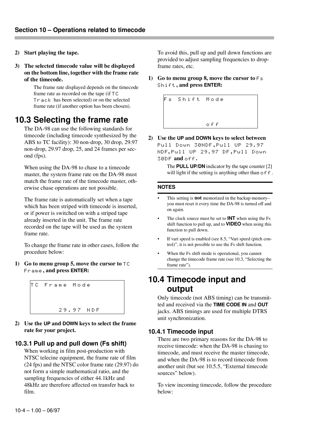Kolpak DA-98 manual Selecting the frame rate, Timecode input and output, Pull up and pull down Fs shift, Off 