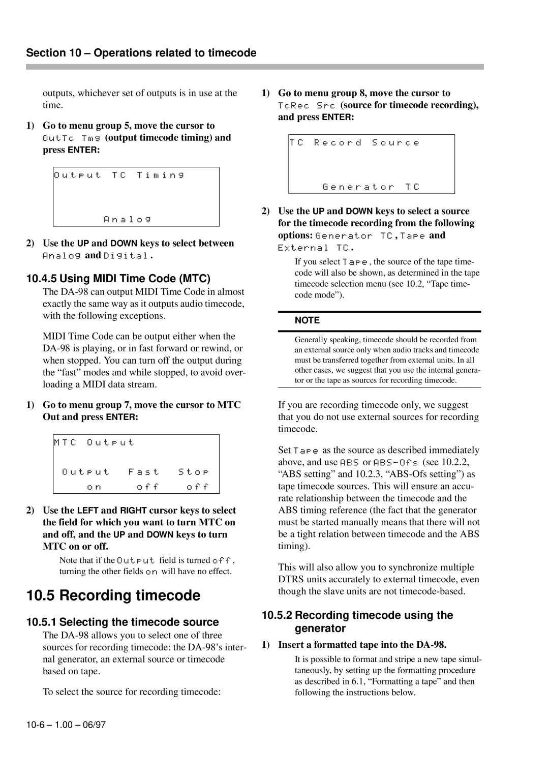 Kolpak DA-98 manual Recording timecode, Using Midi Time Code MTC, Selecting the timecode source 