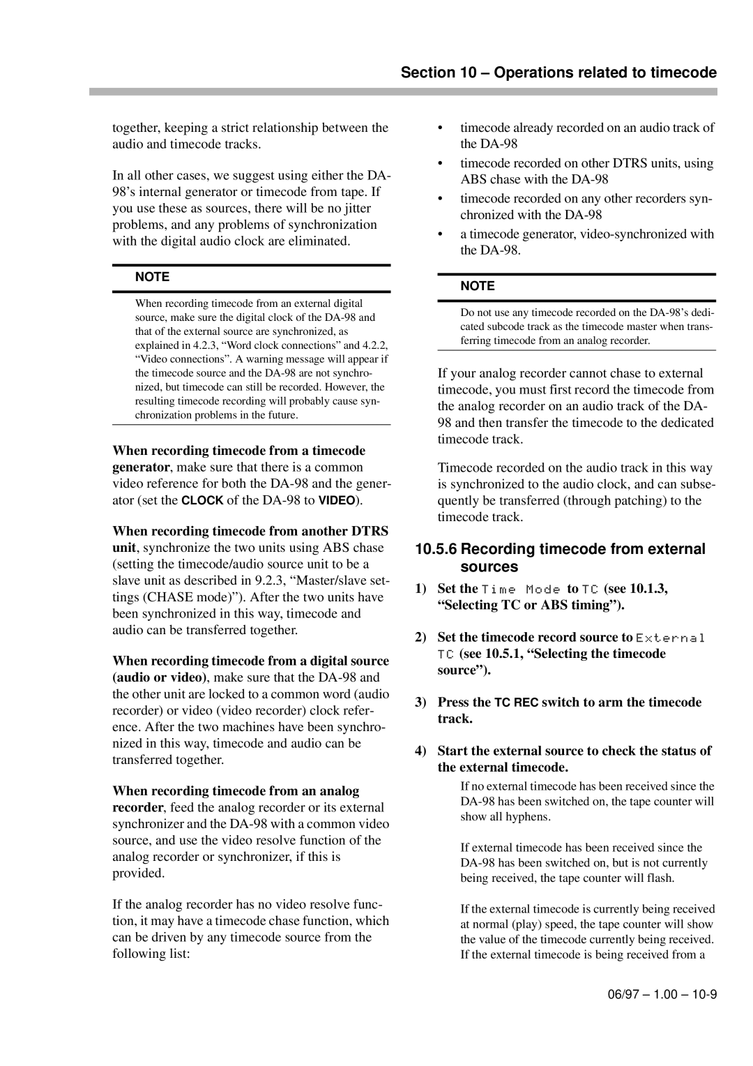 Kolpak DA-98 manual Recording timecode from external sources, When recording timecode from a timecode 