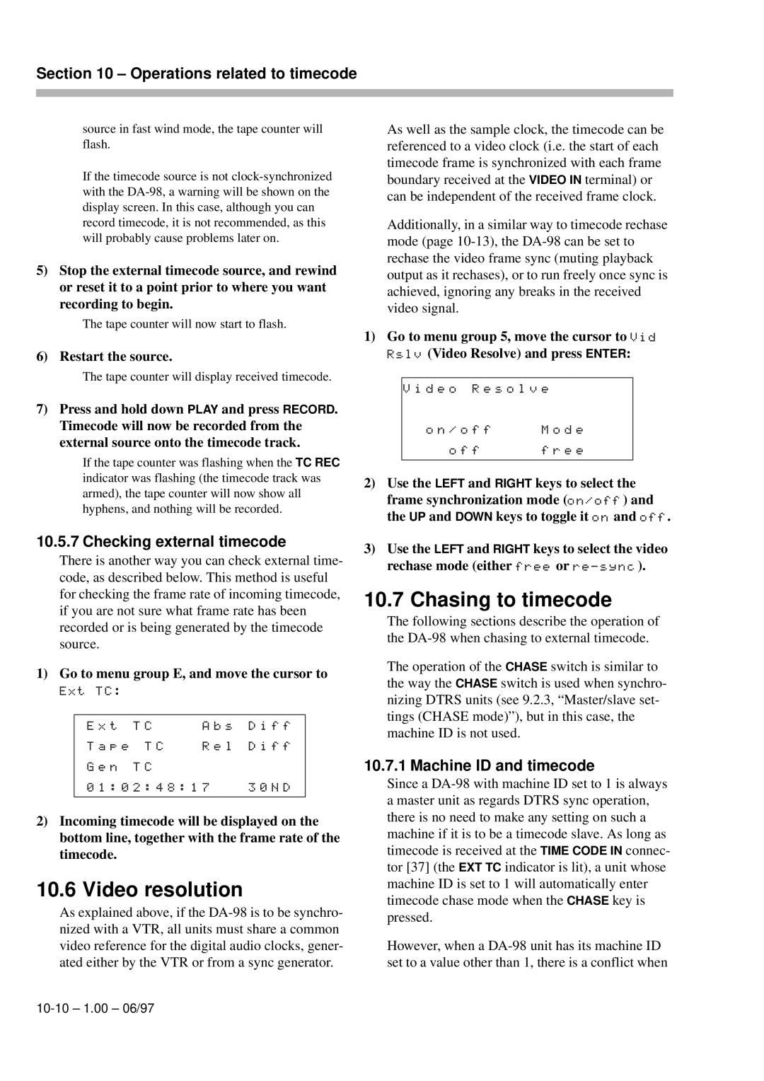 Kolpak DA-98 manual Video resolution, Chasing to timecode, Checking external timecode, Machine ID and timecode 