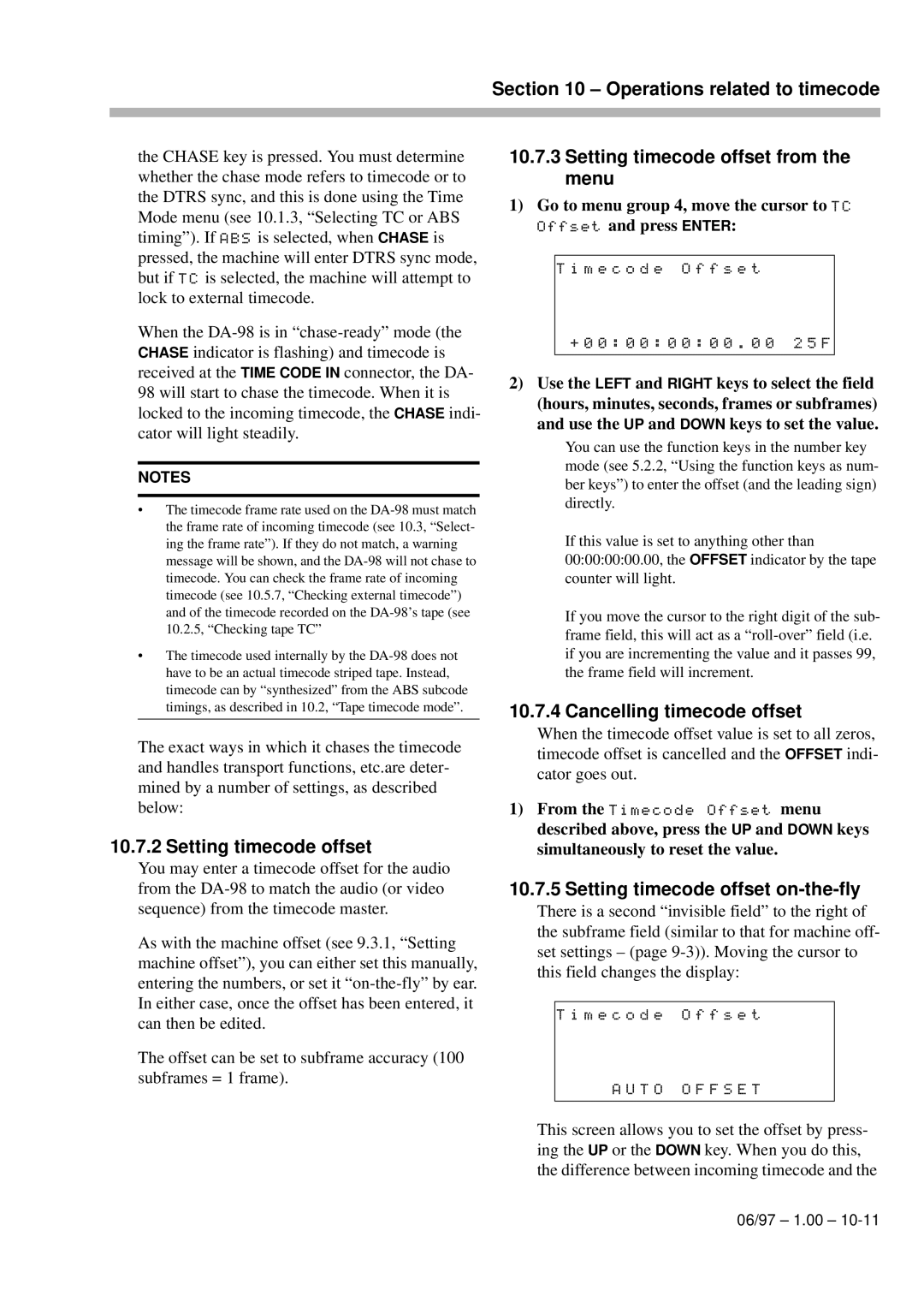 Kolpak DA-98 manual Setting timecode offset, SectionOffset10 Operations related to timecode, Cancelling timecode offset 