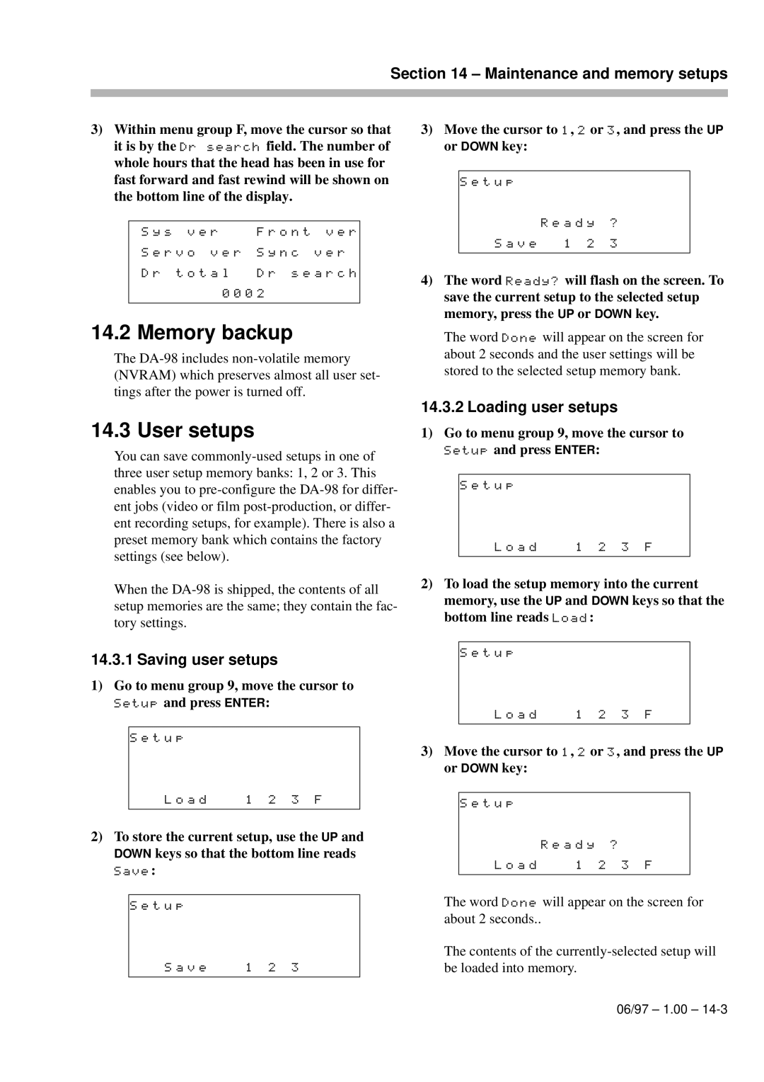 Kolpak DA-98 manual User setups, Saving user setups 