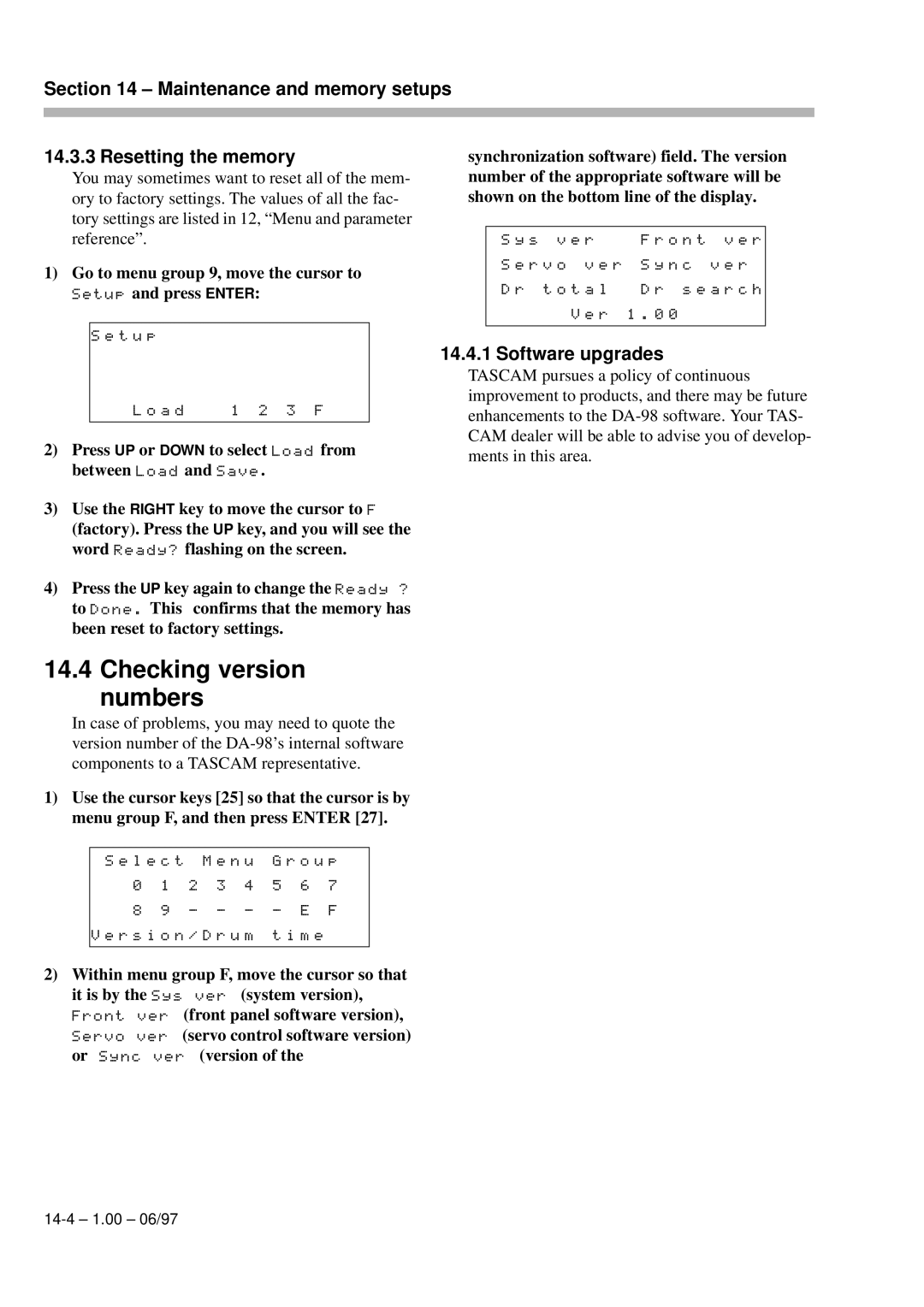 Kolpak DA-98 manual Checking version, Resetting the memory, Software upgrades 