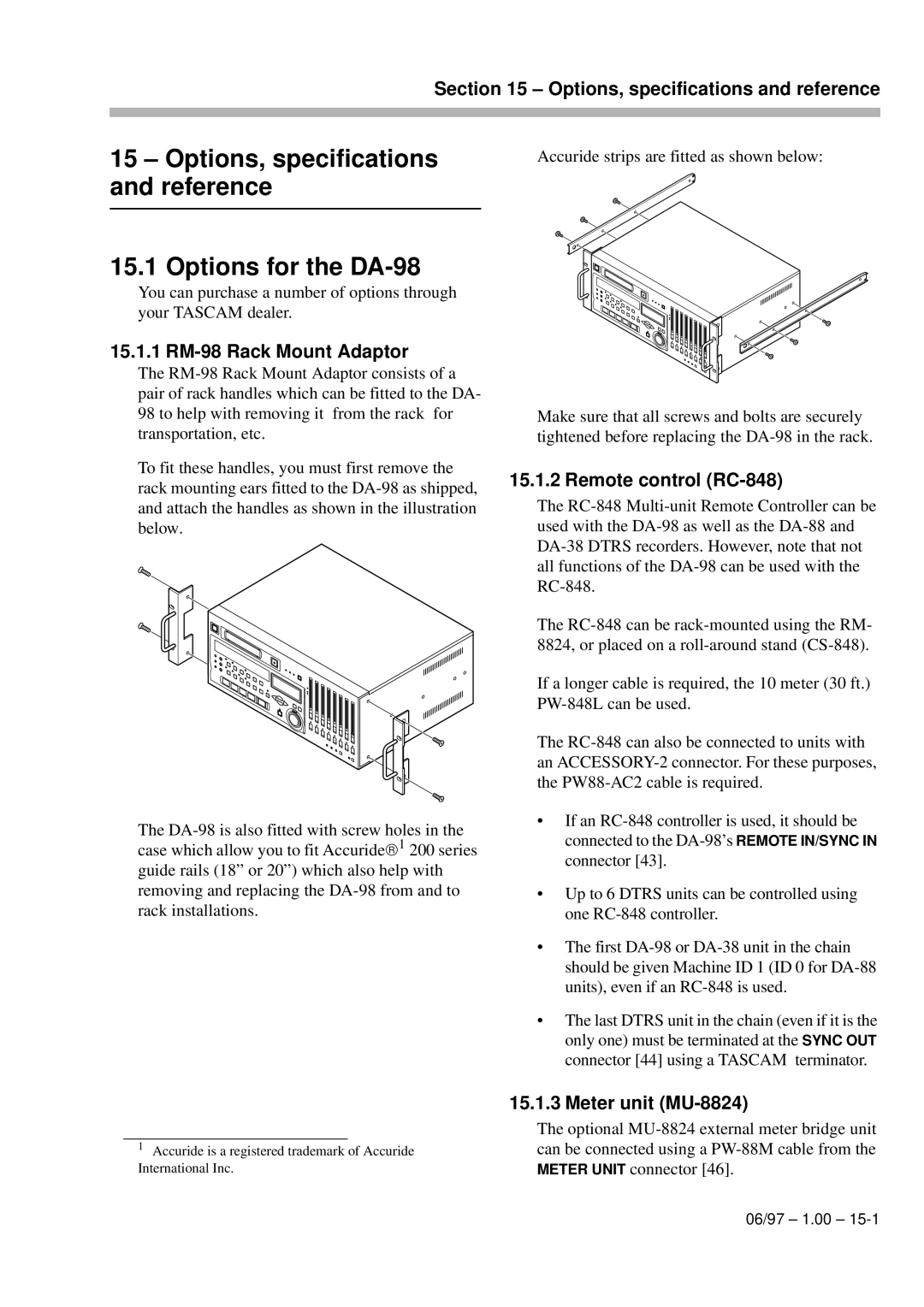 Kolpak manual Options, specifications and reference Options for the DA-98, 15.1.1 RM-98 Rack Mount Adaptor 