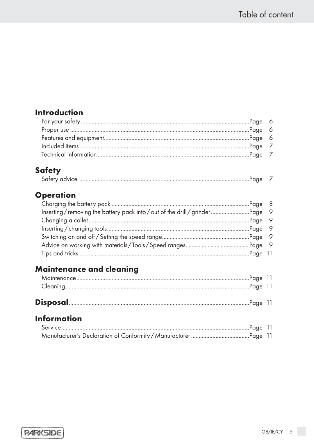 Kompernass 6 V manual Table of content, Operation 