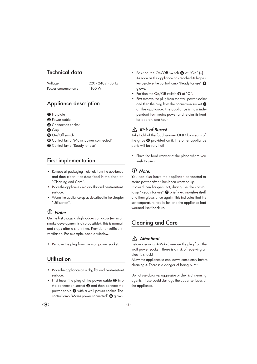 Kompernass D-44867 Technical data, Appliance description, First implementation, Utilisation, Cleaning and Care 