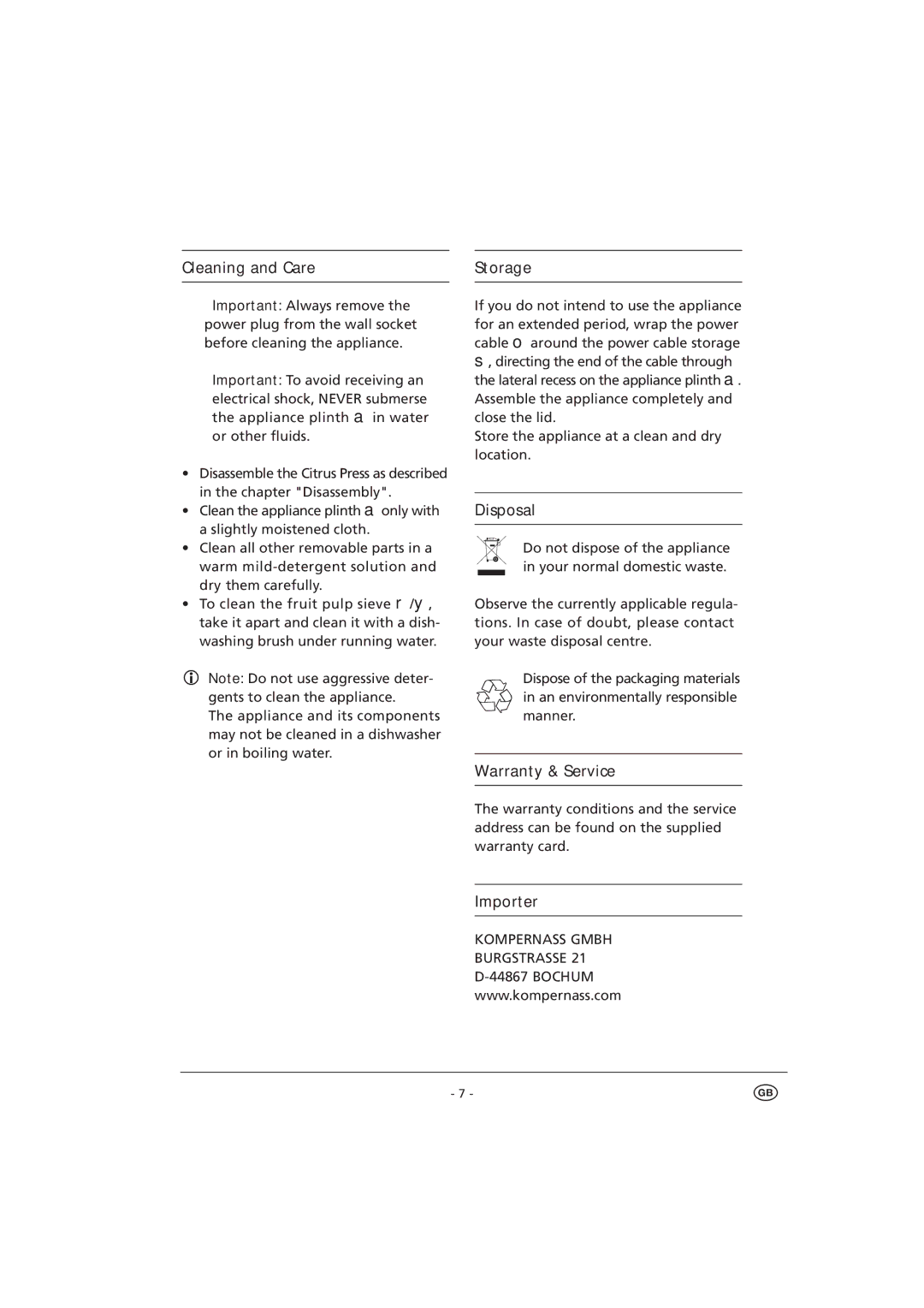 Kompernass D-44867 manual Storage 