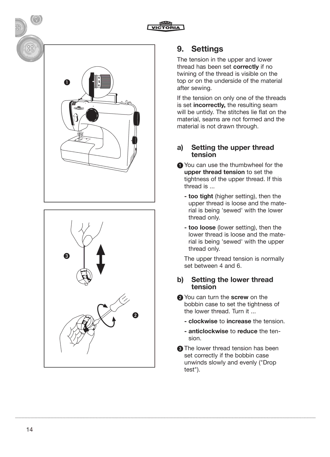 Kompernass E-2073 manual Settings, Setting the upper thread tension, Setting the lower thread tension 