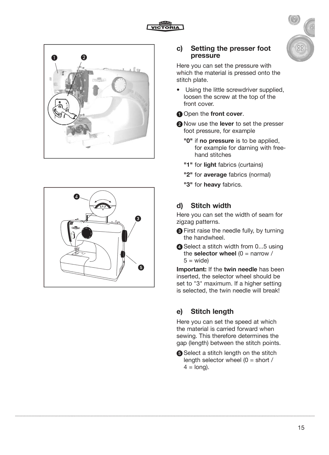 Kompernass E-2073 manual Setting the presser foot pressure, Stitch width, Stitch length, Open the front cover 