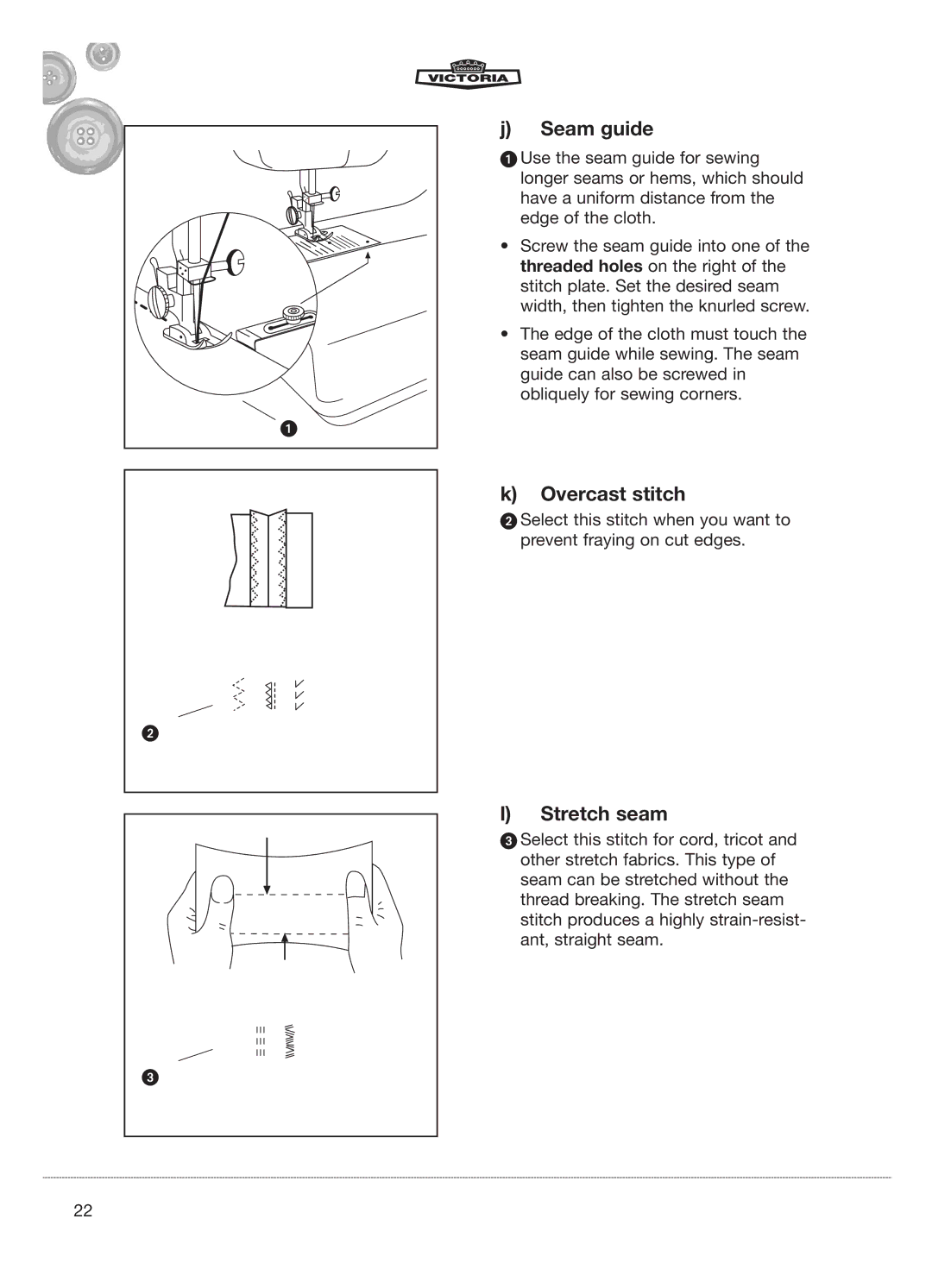 Kompernass E-2073 manual Seam guide, Overcast stitch, Stretch seam 