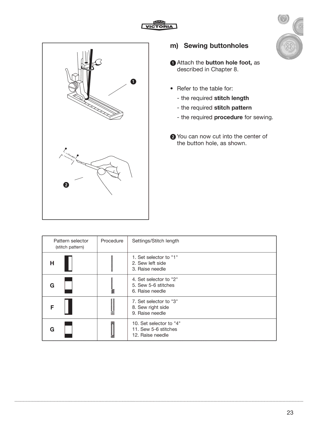 Kompernass E-2073 manual Sewing buttonholes, Attach the button hole foot, as described in Chapter 