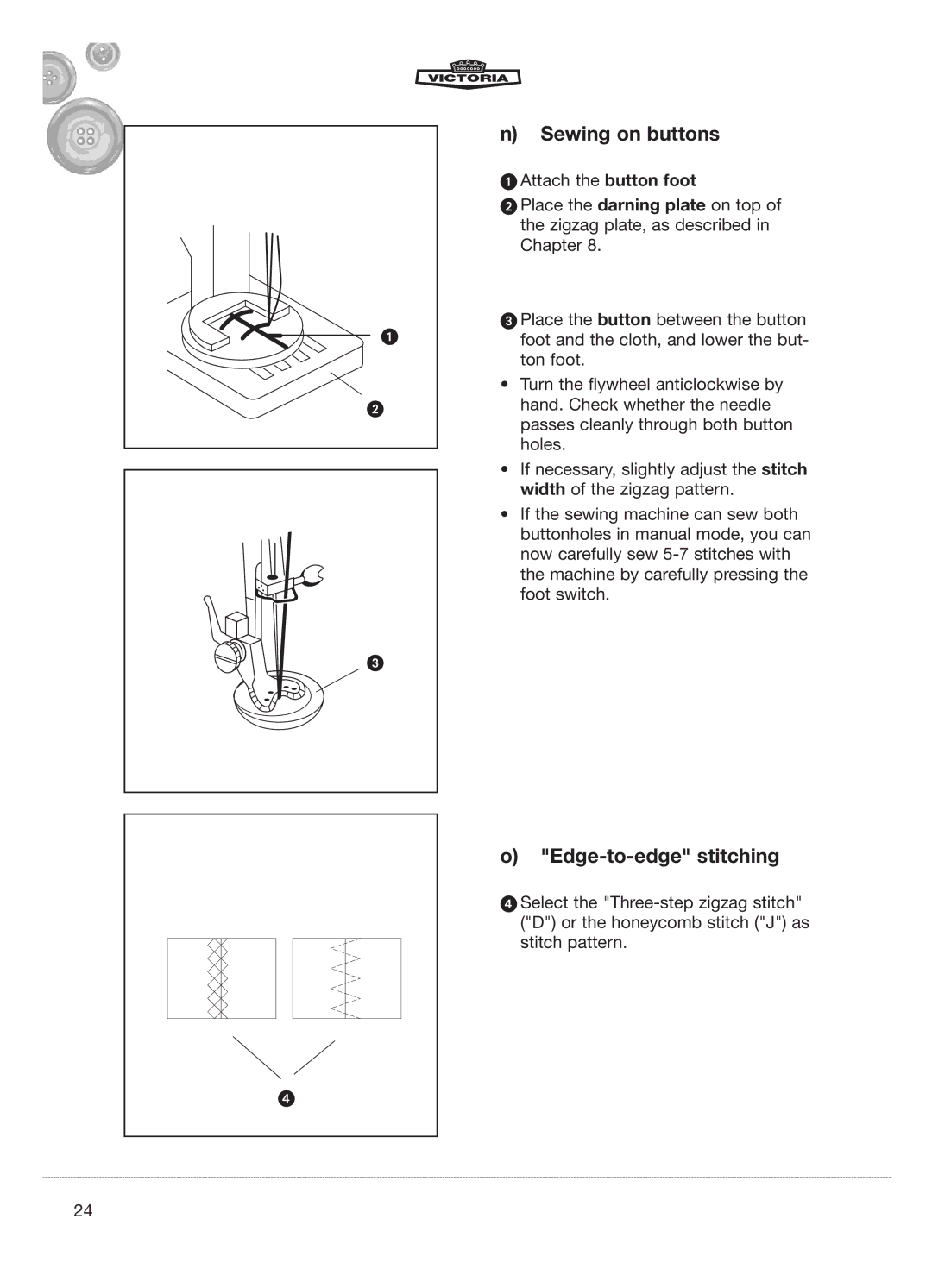 Kompernass E-2073 manual Sewing on buttons, Edge-to-edge stitching 