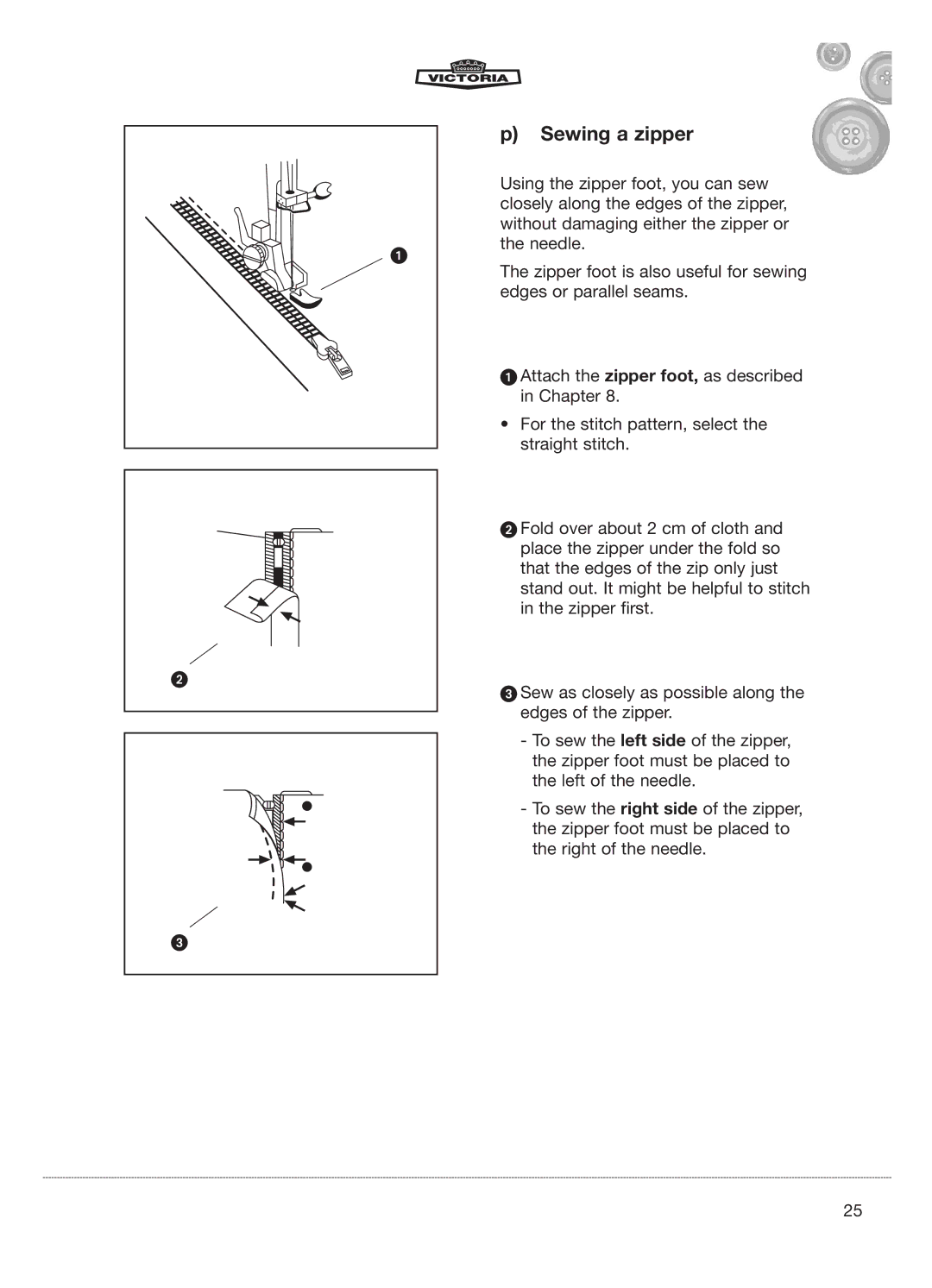 Kompernass E-2073 manual Sewing a zipper 