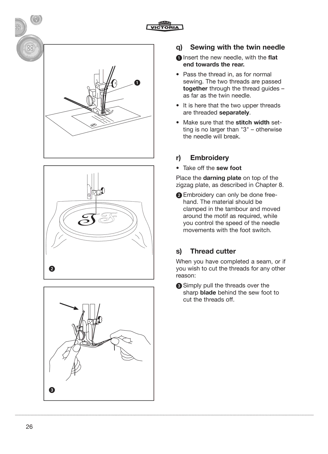 Kompernass E-2073 manual Sewing with the twin needle, Embroidery, Thread cutter 