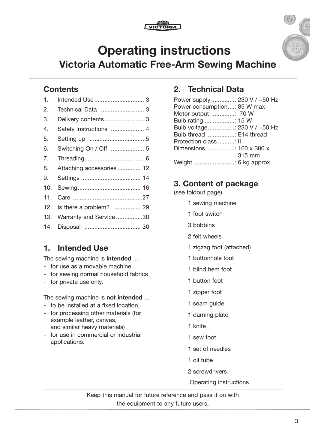 Kompernass E-2073 manual Contents, Intended Use, Technical Data, Content of package 