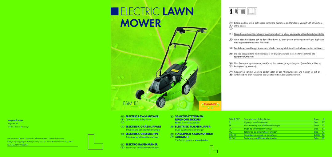 Kompernass FSM R1 manual Electric Lawn Mower 