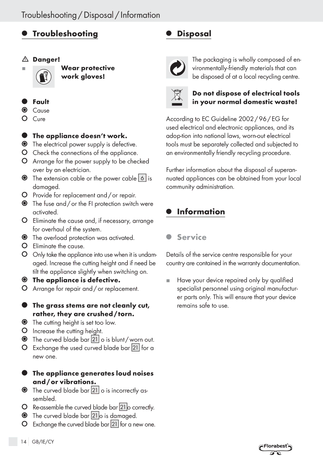 Kompernass FSM R1 manual Troubleshooting / Disposal / Information, Troubleshooting Disposal, Service 