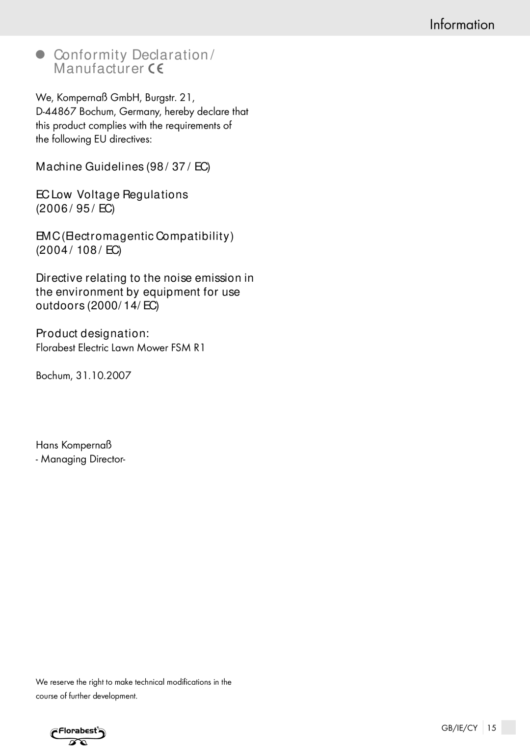 Kompernass FSM R1 manual Information, Conformity Declaration / Manufacturer 