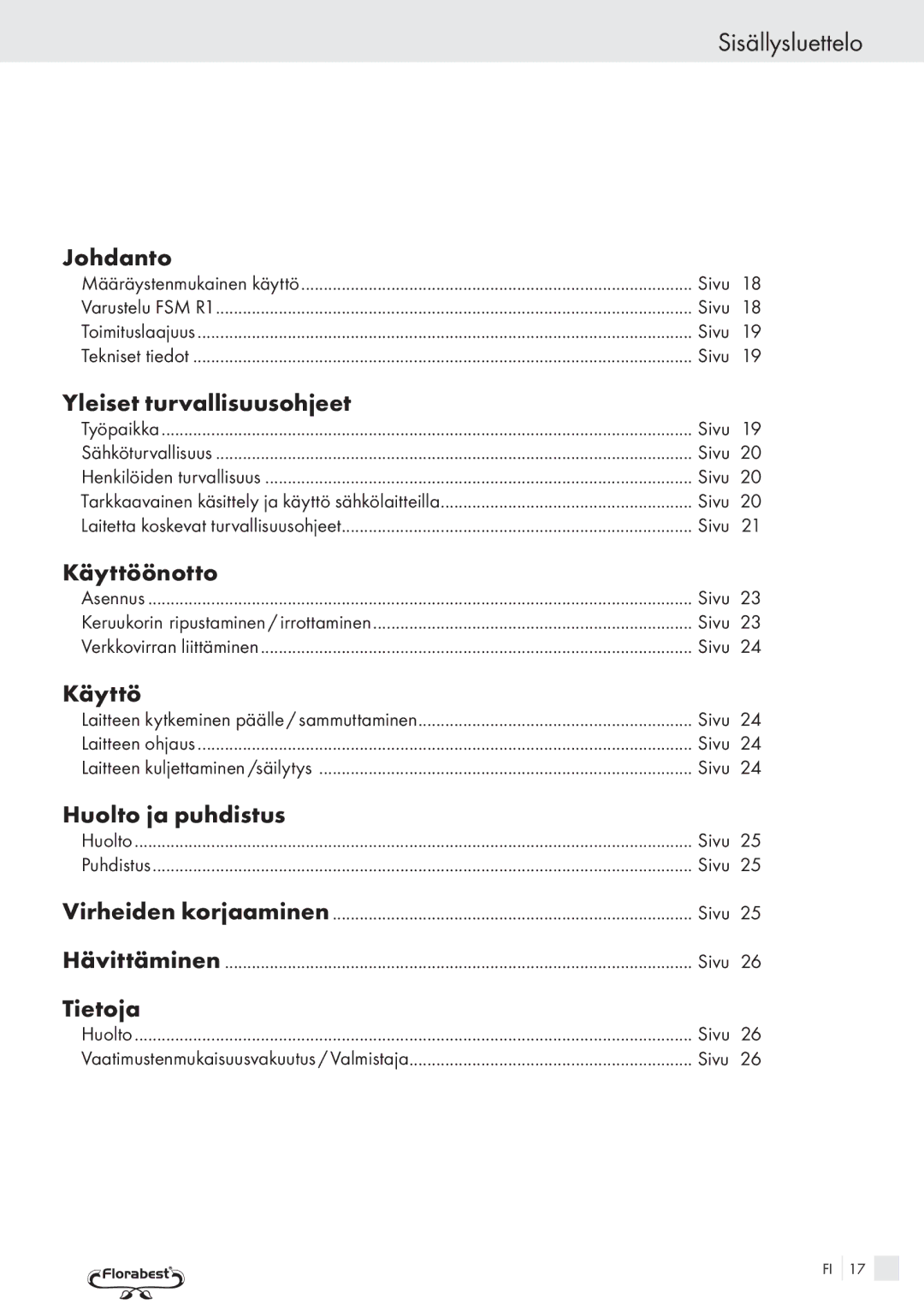 Kompernass FSM R1 manual Sisällysluettelo 