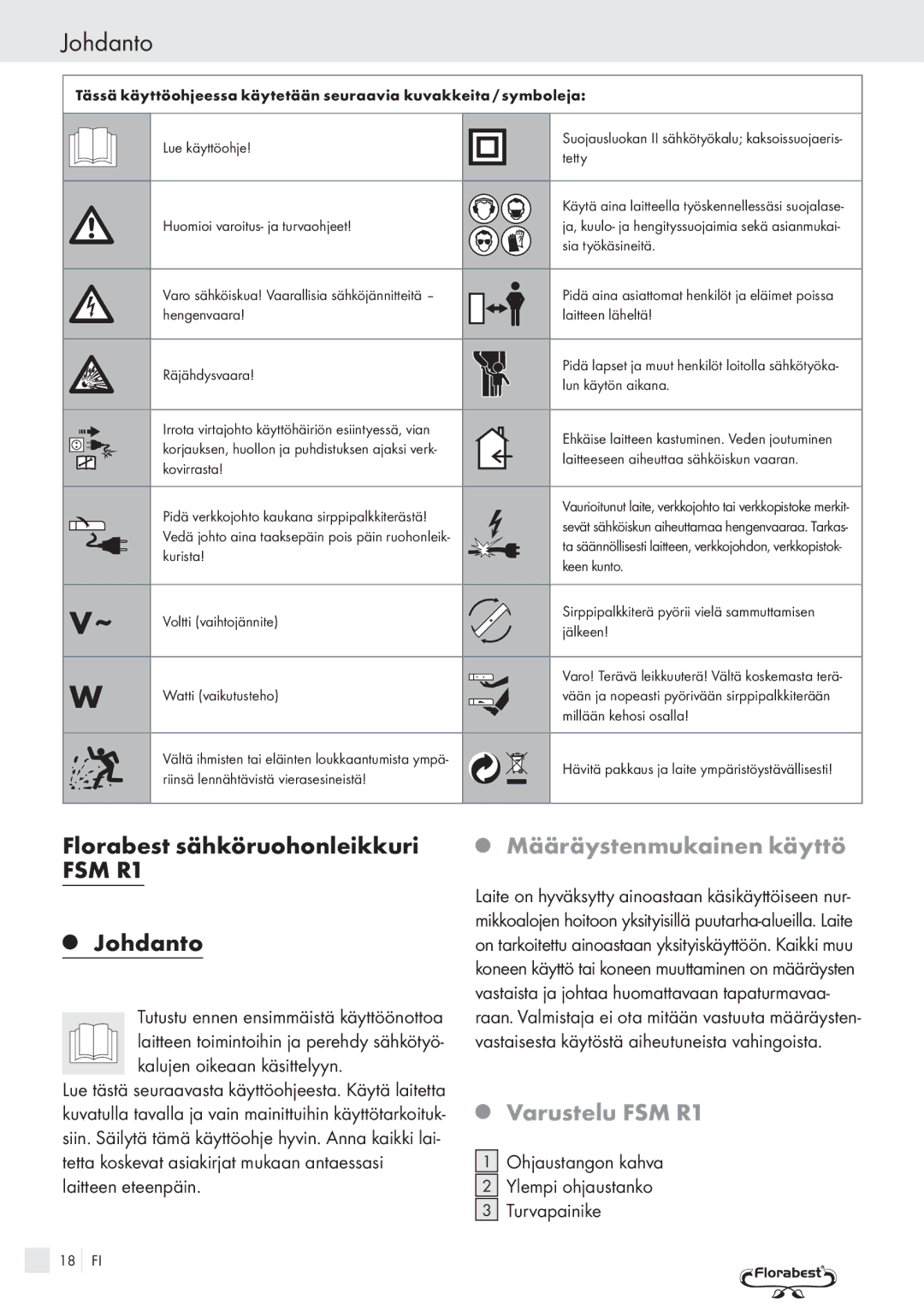 Kompernass manual Florabest sähköruohonleikkuri FSM R1 Johdanto, Määräystenmukainen käyttö, Varustelu FSM R1 