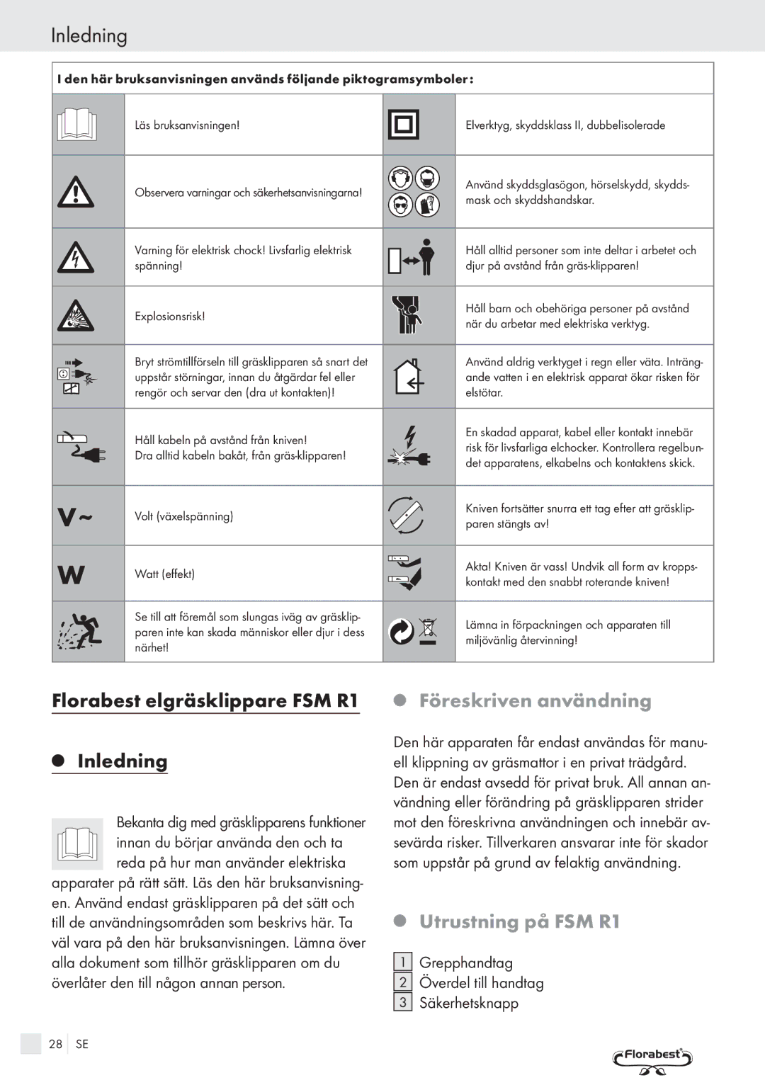 Kompernass manual Florabest elgräsklippare FSM R1 Inledning, Föreskriven användning, Utrustning på FSM R1 