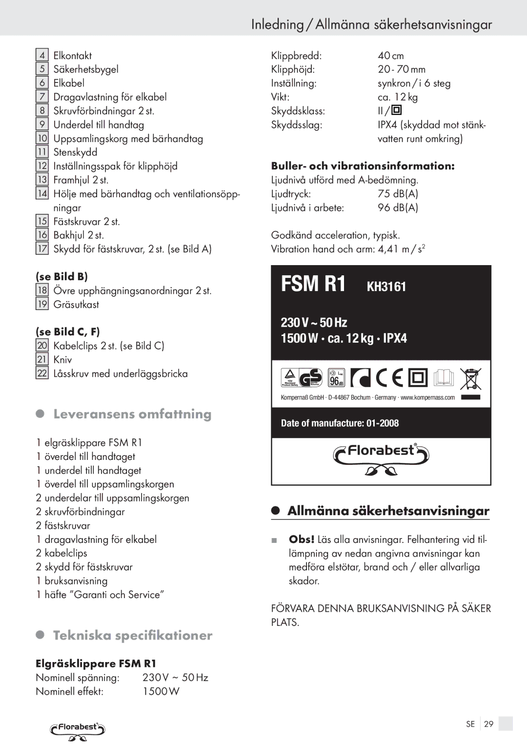 Kompernass FSM R1 manual Inledning / Allmänna säkerhetsanvisningar, Leveransens omfattning, Tekniska specifikationer 