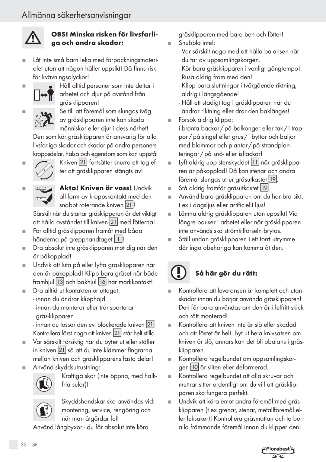 Kompernass FSM R1 manual OBS! Minska risken för livsfarli- ga och andra skador, Gräs-klipparen, Försök aldrig klippa 