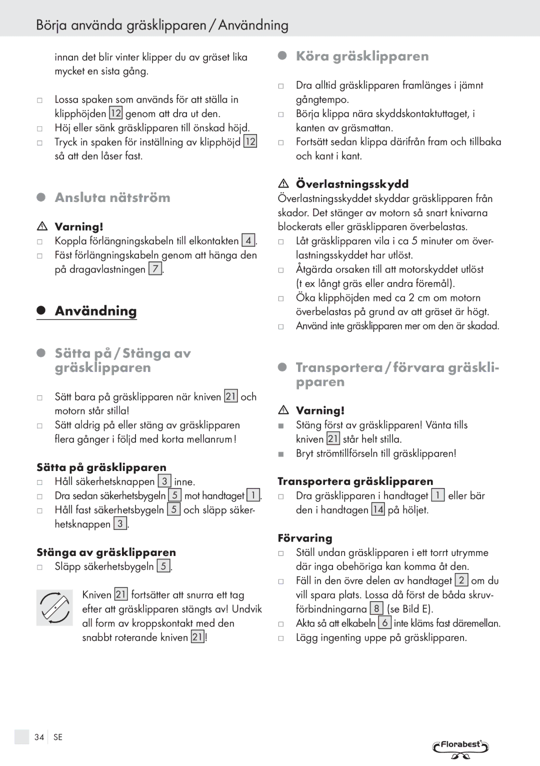 Kompernass FSM R1 manual Börja använda gräsklipparen / Användning, Ansluta nätström, Sätta på / Stänga av gräsklipparen 