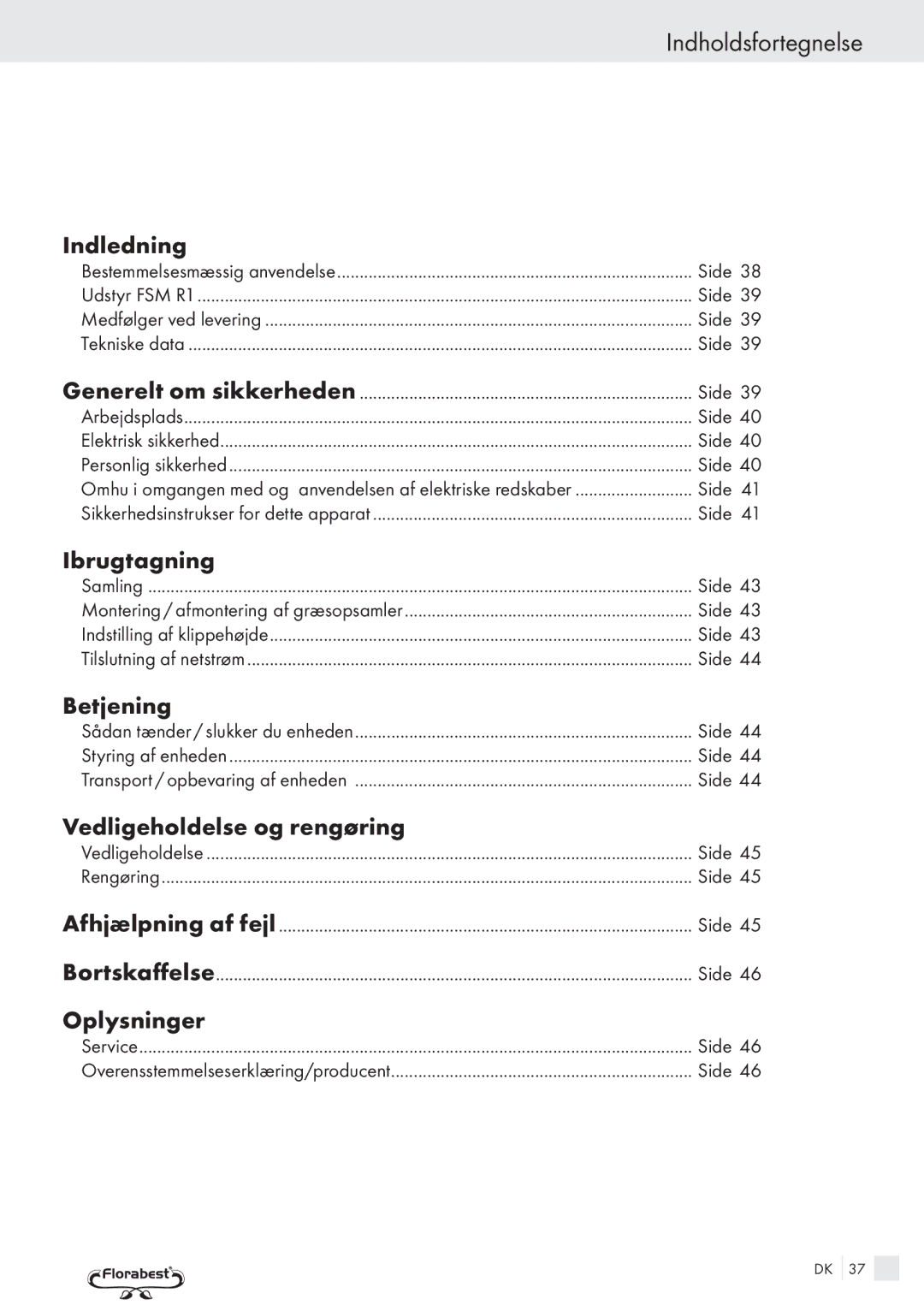 Kompernass FSM R1 manual Indholdsfortegnelse 