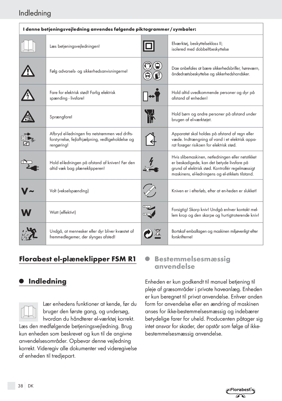 Kompernass manual Florabest el-plæneklipper FSM R1 Indledning, Bestemmelsesmæssig anvendelse 