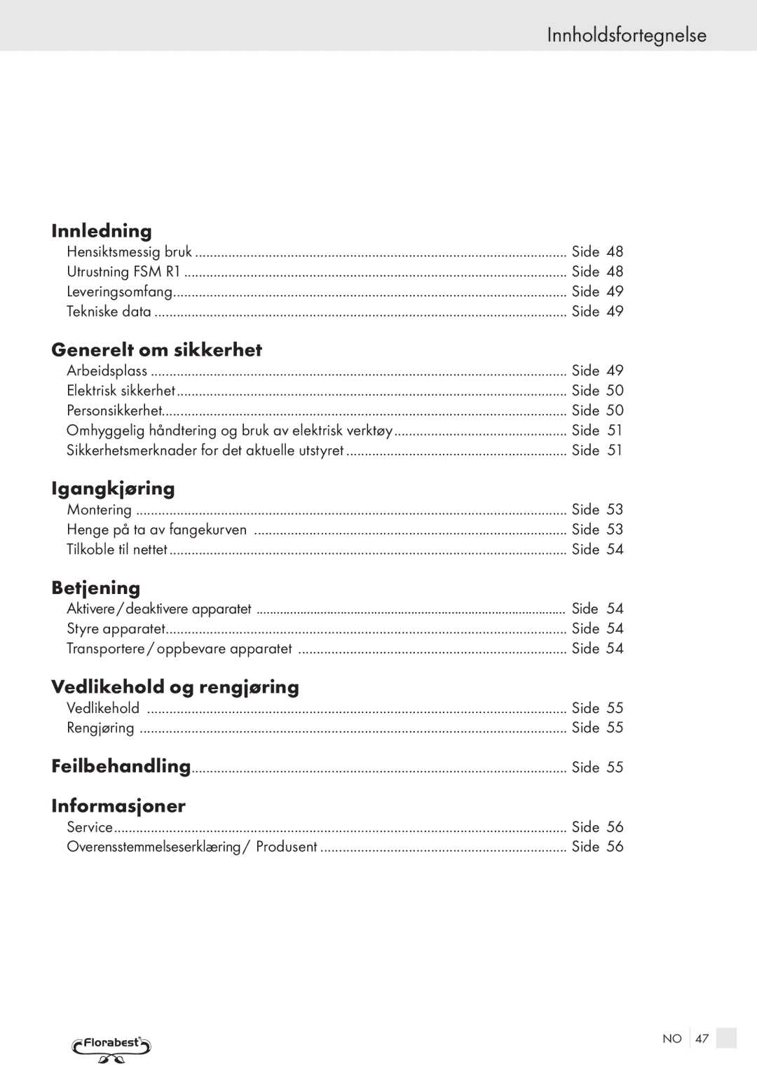 Kompernass FSM R1 manual Innholdsfortegnelse 