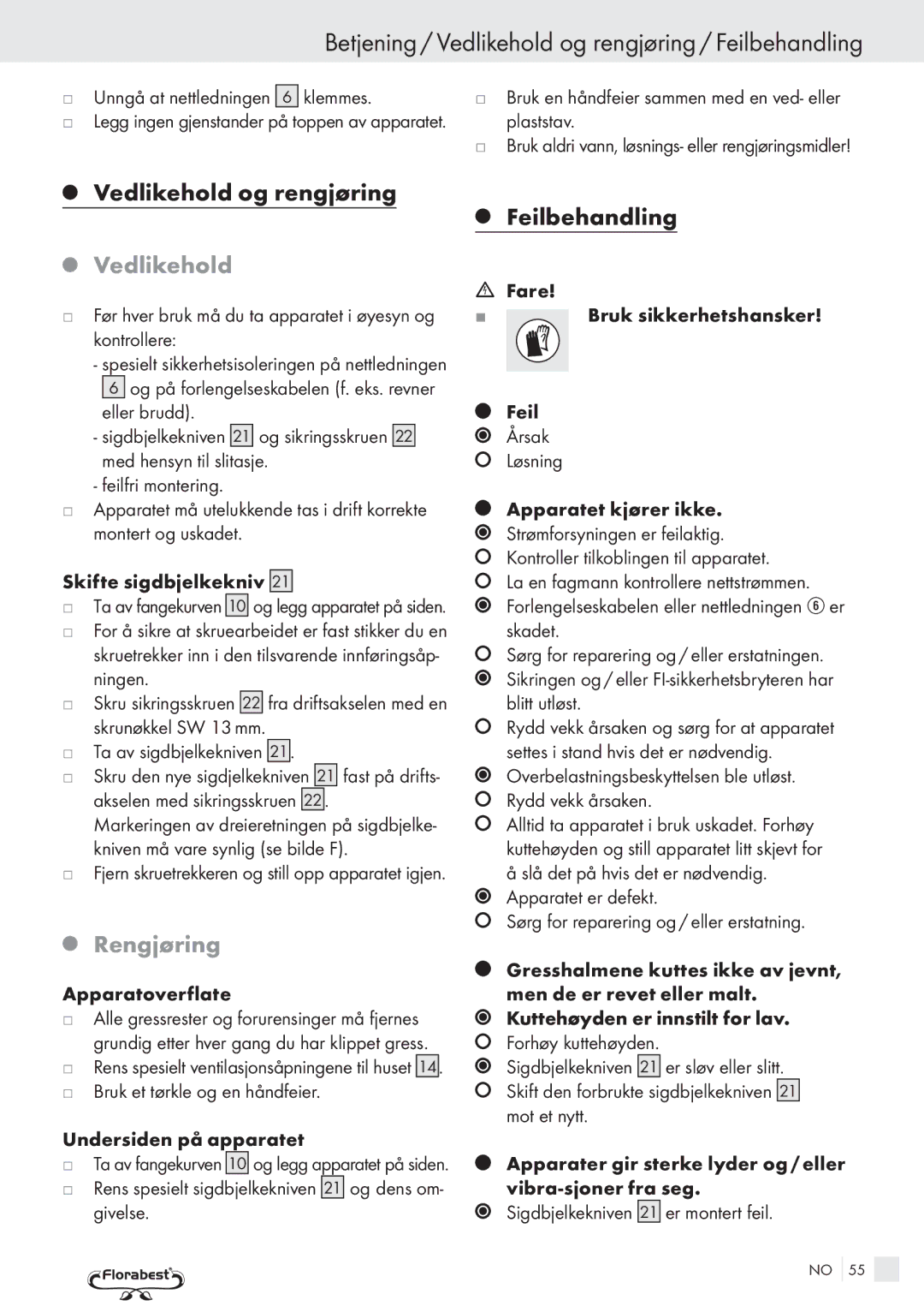 Kompernass FSM R1 manual Betjening / Vedlikehold og rengjøring / Feilbehandling, Vedlikehold og rengjøring Feilbehandling 