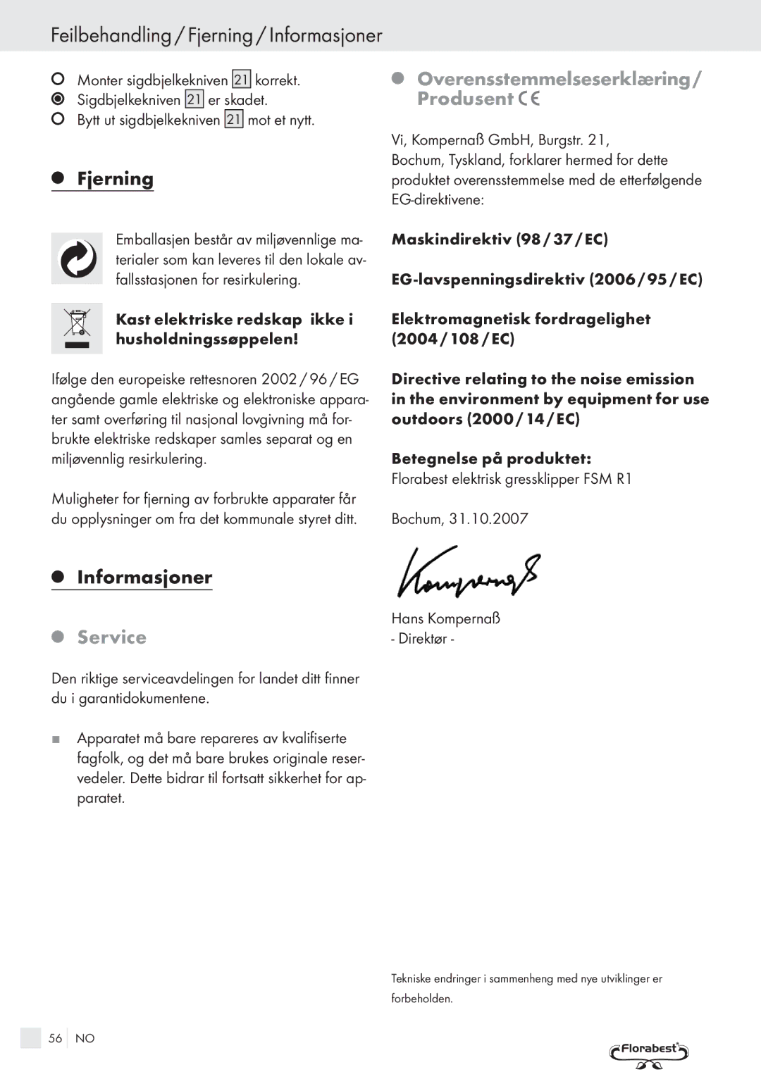 Kompernass FSM R1 manual Feilbehandling / Fjerning / Informasjoner, Overensstemmelseserklæring / Produsent, Direktør 