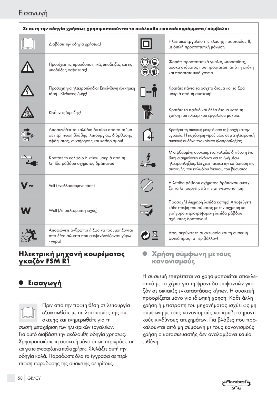 Kompernass manual Ηλεκτρική μηχανή κουρέματος γκαζόν FSM R1 Εισαγωγή, Χρήση σύμφωνη με τους κανονισμούς 