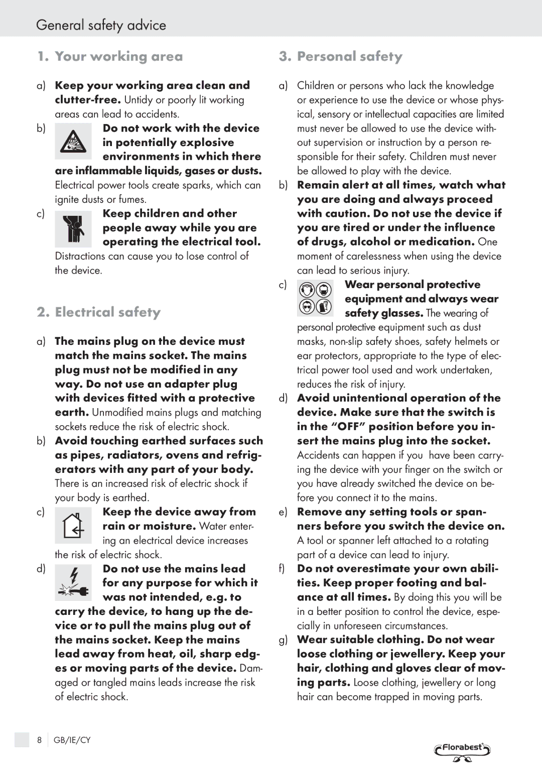 Kompernass FSM R1 manual General safety advice, Your working area Personal safety, Electrical safety 