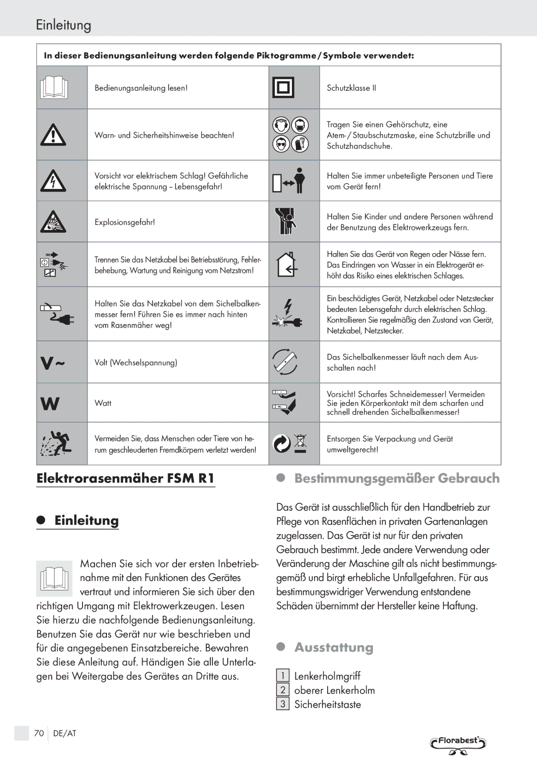 Kompernass manual Elektrorasenmäher FSM R1 Einleitung, Bestimmungsgemäßer Gebrauch, Ausstattung 