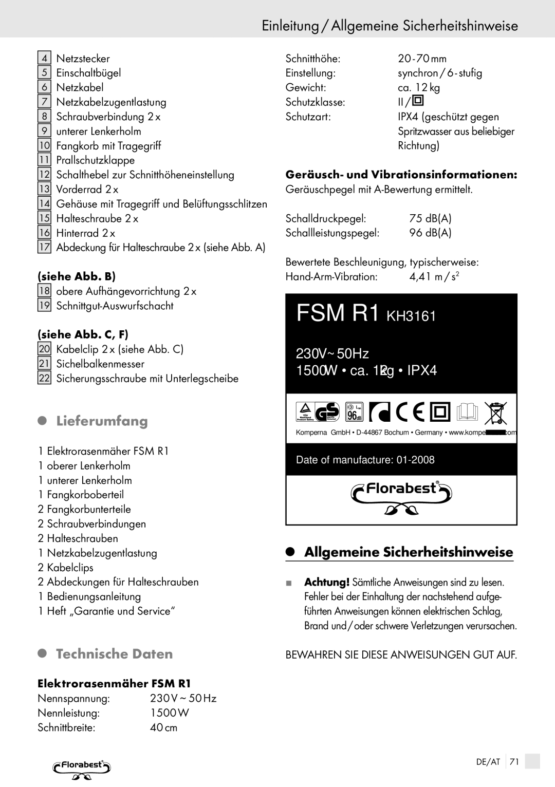 Kompernass FSM R1 manual Einleitung / Allgemeine Sicherheitshinweise, Lieferumfang, Technische Daten 