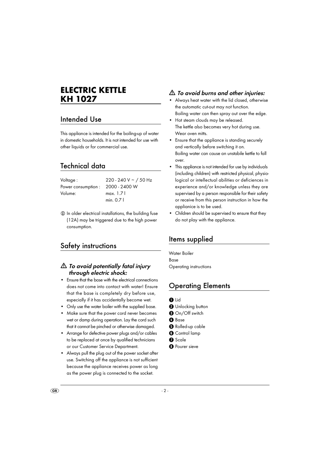 Kompernass KH 1027 Electric Kettle, Intended Use, Technical data, Items supplied Safety instructions, Operating Elements 